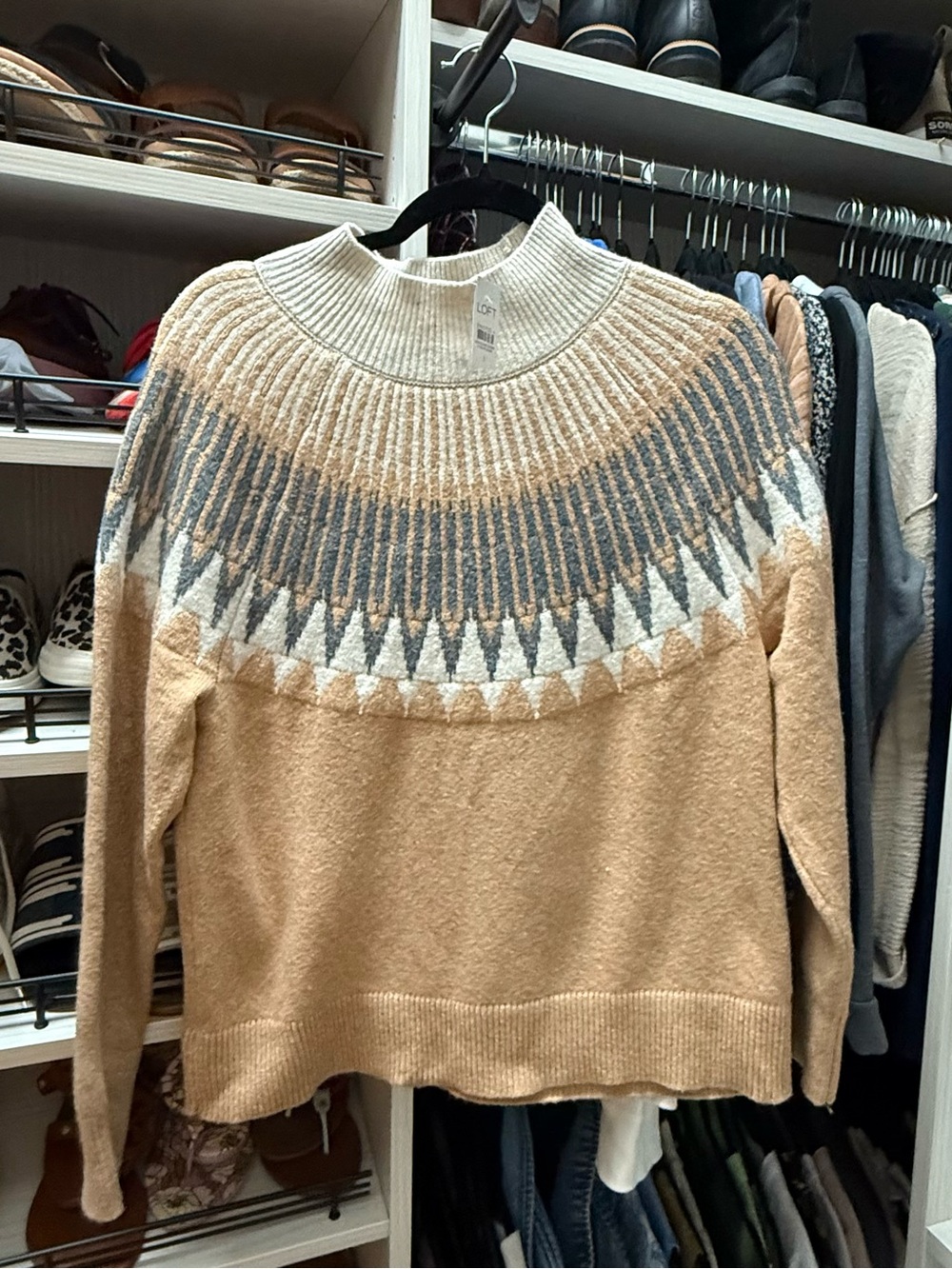 LOFT Fair Isle Mock Neck Sweater Cream Tan Knit Size S NWT